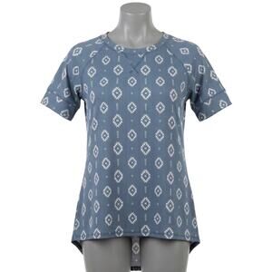 LuLaRoe Top Women Size Large L Blue White Geometric Mosaic Print Short Sleeves